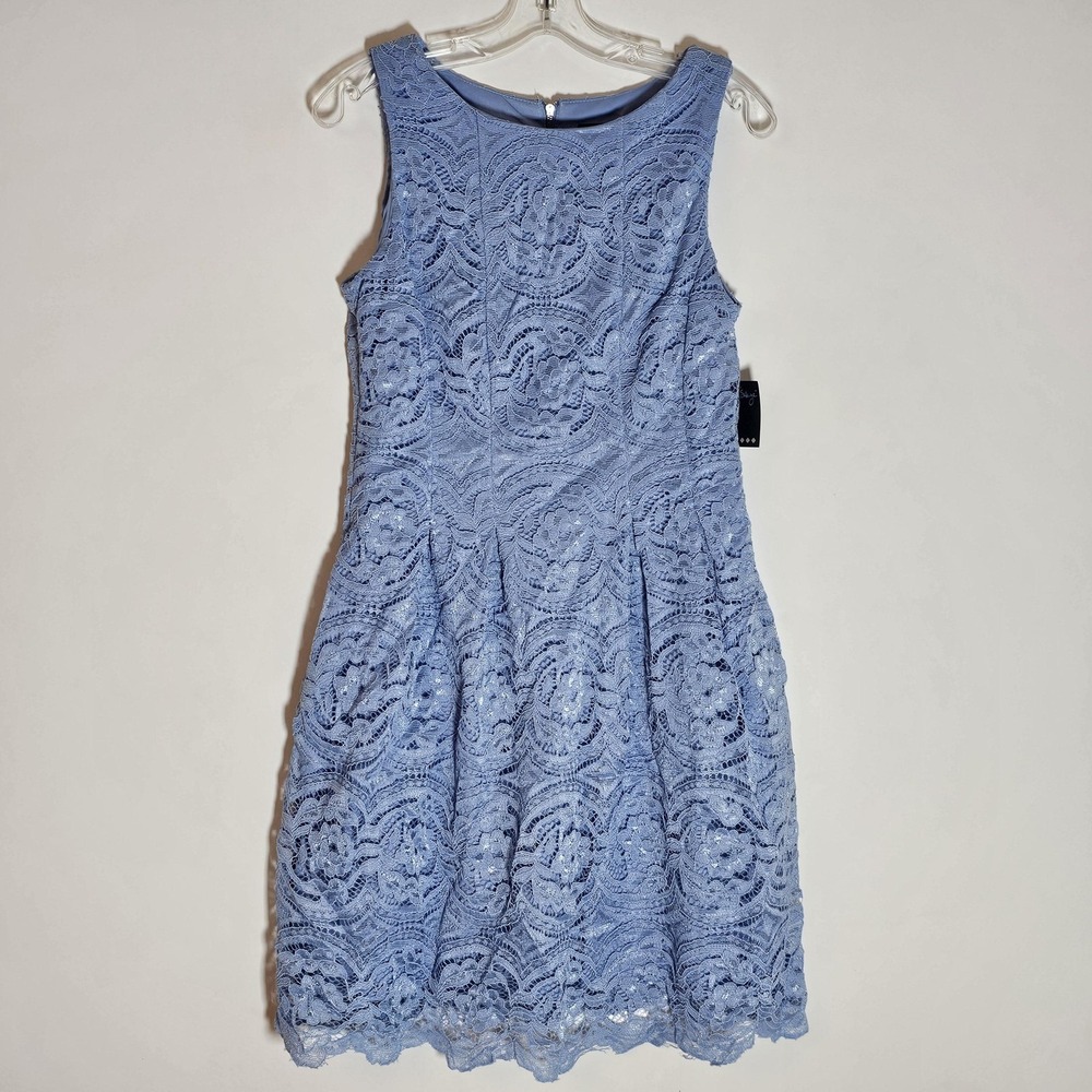 Gabby Skye Dress Womens 10 Blue Lace Fit & Flare Sleeveless Floral Wedding L